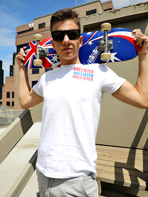 Free gay xxx pics with Hung Aussie boy Connor Peters naked on the Bentley Race roof