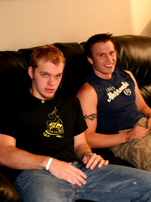 Twinks xxx pics - Amateur gays with huge pricks Denny and Jake jack off on a couch