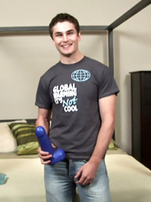Free gay porn pics with Hot jock Nicolas rides blue dildo