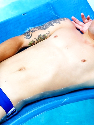 Gay sex pics with Scotty in Blue Swimsuit