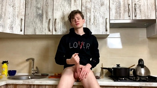 XXX Gay clips contains Horny College Boy Wanking at Kitchen in Сhummery & Monster Cock / Big Load