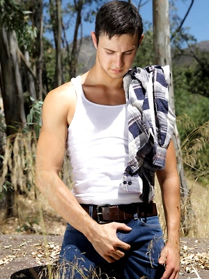 Hot gay album pics Josh Conners loves being naked outside.  He jerks his cock, plays with his furry hole and shoots a huge load all over his smooth chest.