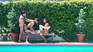 Free gay porn video Poolside 4-Way