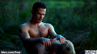 Free gay sex with Erotic Journey that Begins with an Outdoor Threesome & then goes to an Interracial Orgy