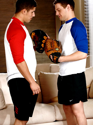 Free gay xxx pics with Baseball coach Andrew Blue kneels down and blows off pitcher Jimmy Clay