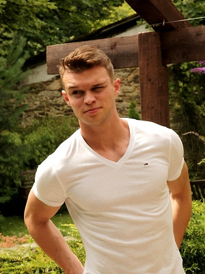 Hot gay album pics Hard bodied Justin Lovers strokes his cock outdoors.