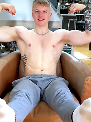 Gay male in Straight Young & Muscular Blond Lad Wanks his Big Uncut Cock & Fires a Load!