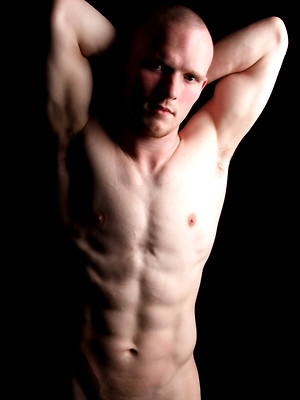 Free gay porn pics with Bald stud jacking off cock