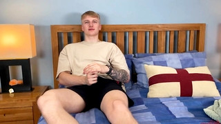 Gay porn video Straight Blond Pup Pumps his Tight Hole with the Big Pink Dildo & his Uncut Cock Cums!