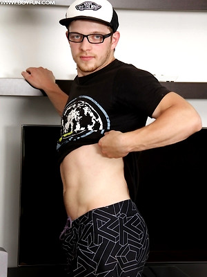 Gay sex pics with Lucas Solowski busts a nut onto his tan lined chest.