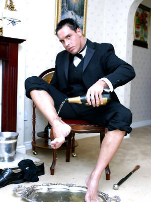 Free gay porn pics with Hunky stud Marcello pours champagne all over his feet and then just has to wank